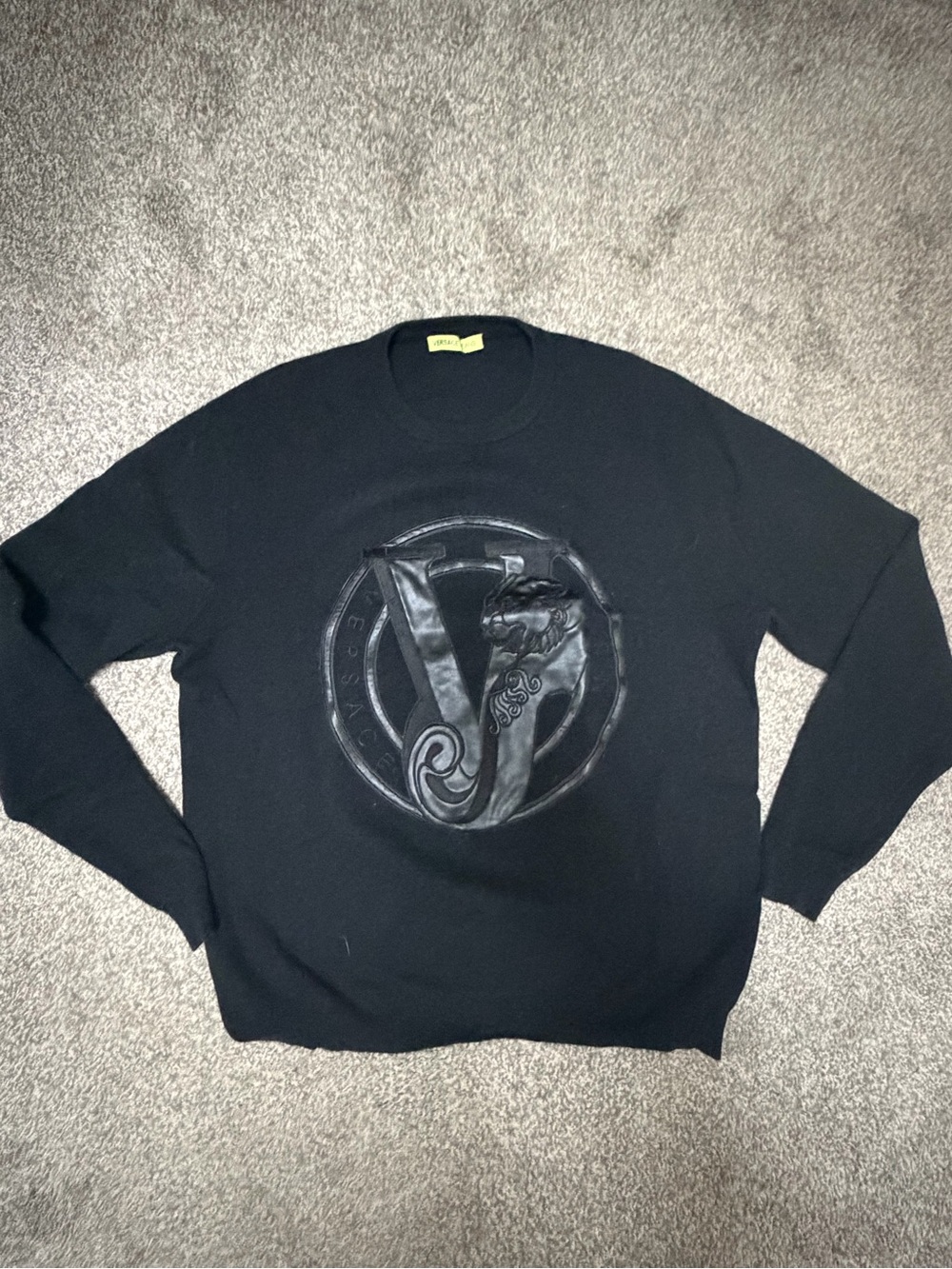 Versace Black Crewneck Sweater with Raised V Medusa Emblem